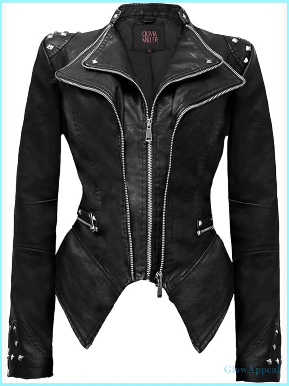 Faux Leather Moto Jacket with Rivet Lapel Swallow Tail Hem Classic Fit
